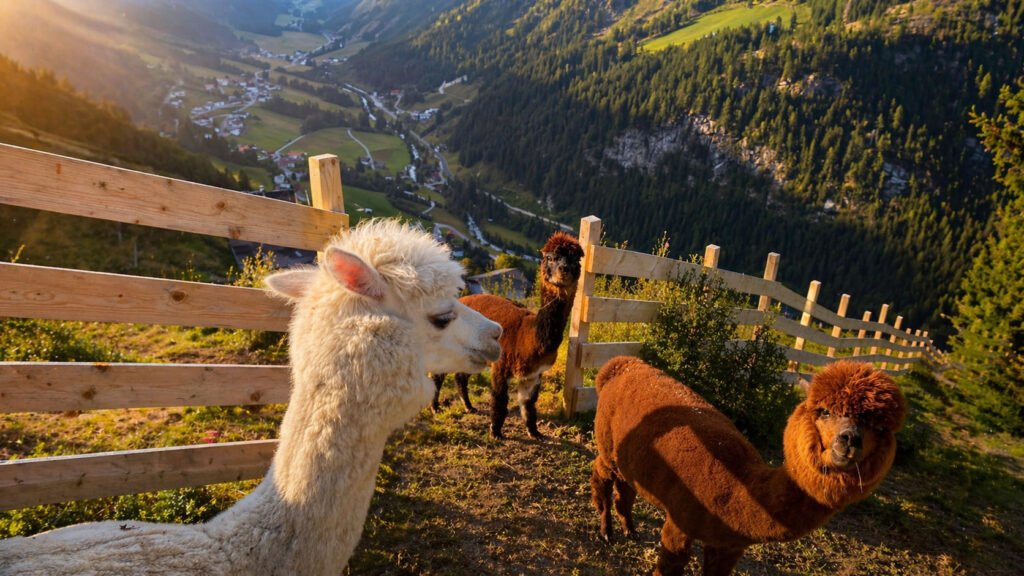 Neugierige Alpakas auf der Weide am Alpakahof Alpenalpaka